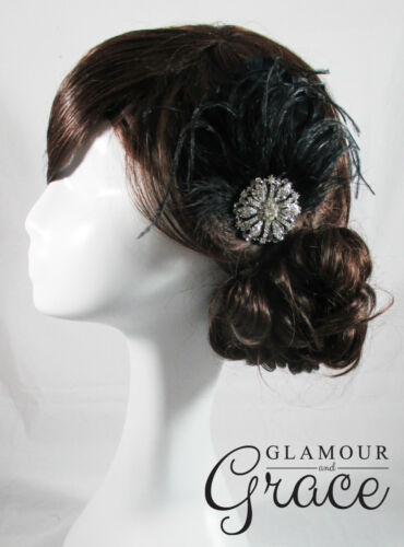Pandora vintage gatsby 1920s costume black flapper feather fascinator headpiece - Picture 1 of 6