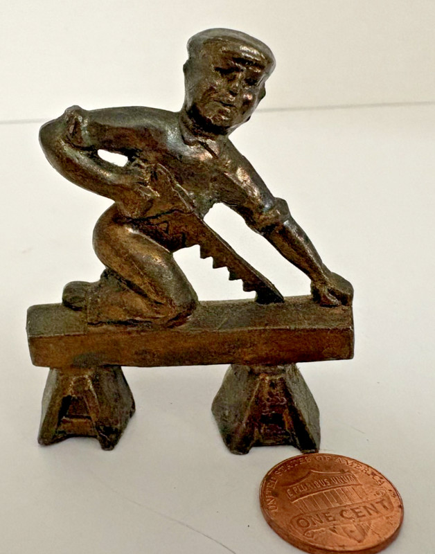 Vintage Brass Metal Figure Nursery Rhyme See Saw Margery Daw Boy Sawing Wood
