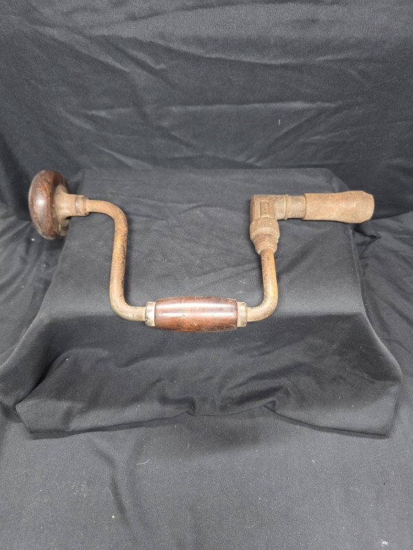 Vintage Original Hand Crank Brace Drill with Wooden Handles Antique Manual Tool