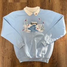 VTG 90s Morning Sun Blue Cardinal Winter Scene Collared Sweatshirt Womens M