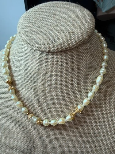 Vintage Necklace Miriam Haskell Pearl Golden Bead Short Signed 15 in