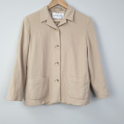 Vintage Jaeger Sakko Damen UK 8 Beige Wolle Angora Mischung Knopfleiste Mantel