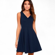 NWT Lulu’s Bon Appetit Navy Blue Skater Dress Sleek A-Line Skirt Fit Flare Small