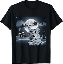 Cat Selfie With Santa Claus Riding Sleigh Reindeer Christmas T-Shirt