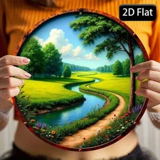 1pc 8-Inch Round Aluminum Wall Art Sign - Serene Forest River Landscape W/Lush G