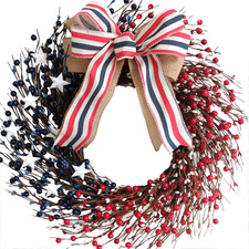 18 Inch Patriotic Red White Blue Berries Wreath for Front Door, 4 of July Memori