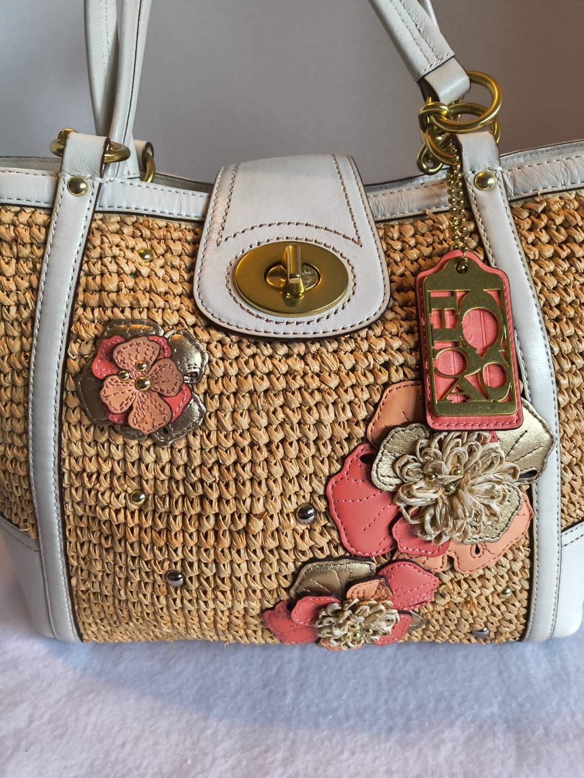 Coach Hampton Floral Tote Purse Straw White Pink L116… - Gem