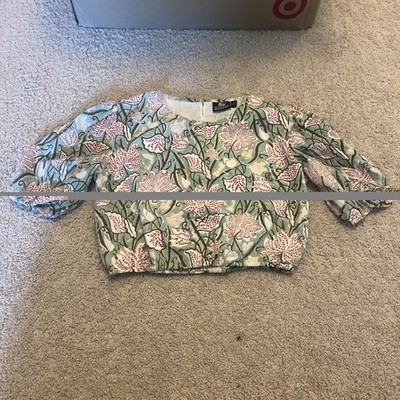 Madison Mathews Crop Top Women S Green Red White Puff Sleeve Boho Cotton