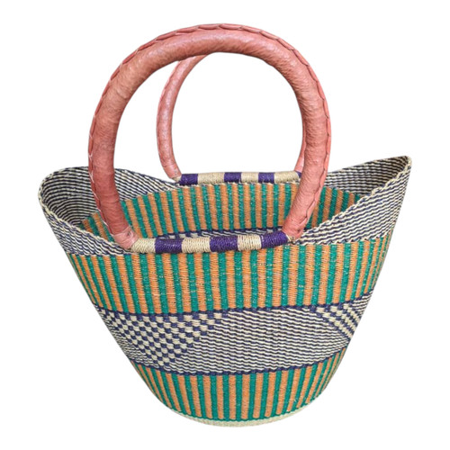 Colorful African Basket Tote – Handmade Straw Shopper Bag with Leather Handles