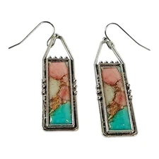 Silver Tone Metal Multicolor Resin Dangle Earrings Boho Geometric Mosaic Artisan