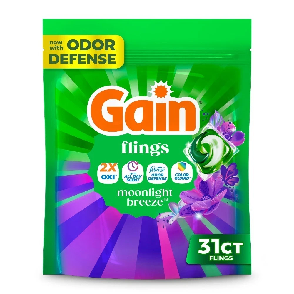 Flings Laundry Detergent Soap Pacs, 4-in-1 Oxi Boost and Febreze, Moonlight