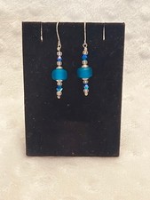 Vintage Silver, Turquoise Frosted Sea Glass, Iridescent Bicone Dangle Earrings