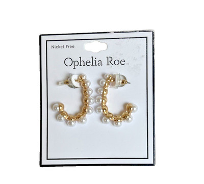 Ophelia Roe Faux Pearl Gold Tone C Hoop Fashion Earrings- Nickel Free- NEW