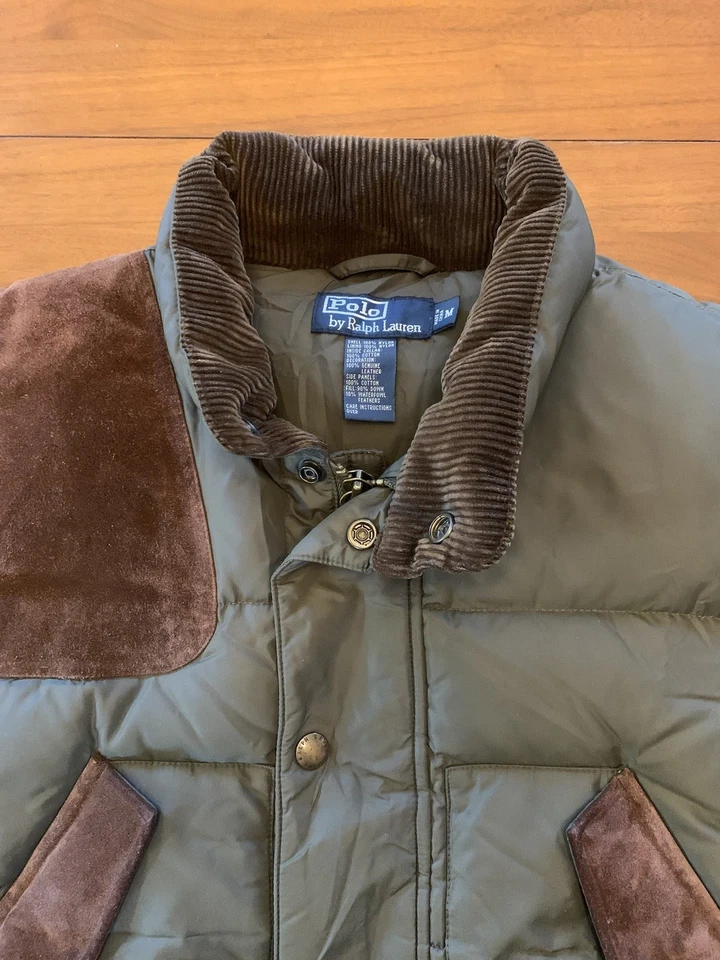 Vintage Polo Ralph Lauren Vest Jacket Mens M Green Puffer Down Fowl Fill Leather - Image 2 of 4