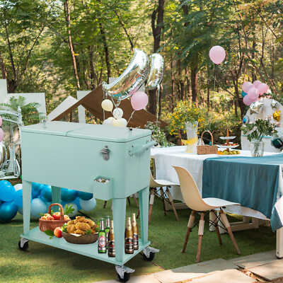 Portable Outdoor 80 Quart Rolling Patio Steel Party Cooler Cart Ice Chest