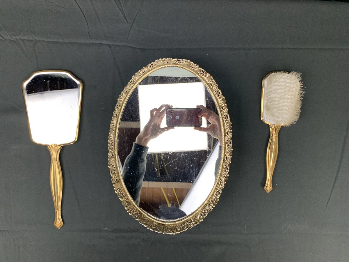 Vintage Gold Plated 3 Piece Vanity Set Mirror Brush And Oval Mirror Tray