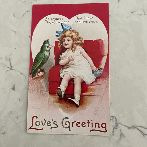 Love's Greeting Valentine Post Card Child and Parrot By Evergreen Press