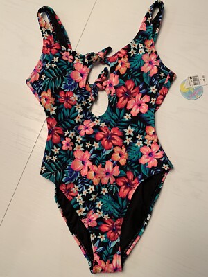 NWT Island Soul One Piece Swimsuit Sz S Black Neon Floral Print