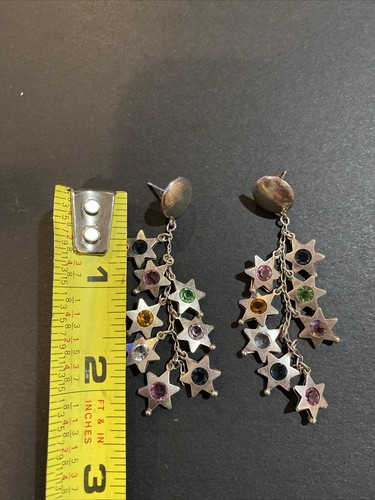 Vintage Sterling Silver 925 Multi Color Rhinestone Stars Dangle Earrings - 第 5/5 張圖片