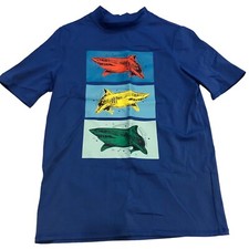 Boys Lands End Shark Print Rash Guard Size Med Blue Swim Shirt Short Sleeve EUC