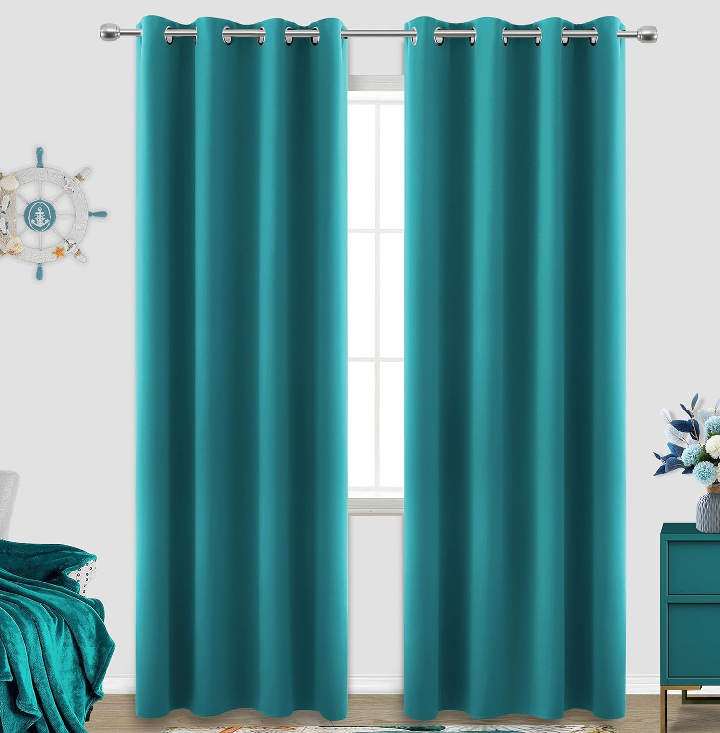 Teal 84 Inch Grommet Top Curtain Panels Set for Living Room Window-image
