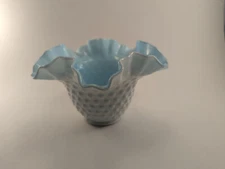 Vintage KANAWHA Milk Cased Glass Hobnail Opaque Blue Ruffled Candy Dish or Vase