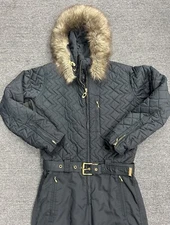 Obermeyer Ski Suit US 8 One Piece Detachable Hood w Fur Trim Black Gold Hardware