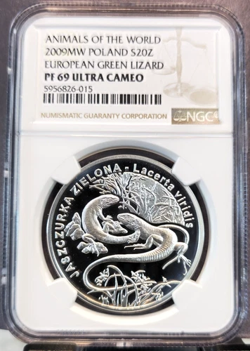 2009 POLAND SILVER 20 ZLOTYCH EUROPEAN GREEN LIZARD NGC PF 69 ULTRA CAMEO
