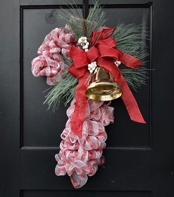 Peppermint Candy Cane Deco Mesh Christmas Holiday Winter Wreath Bell Free Ship