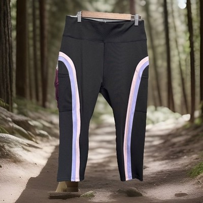 POP FIT  Women s XL Capris Leggings Active Yoga Pockets  Black w/ Stripes 