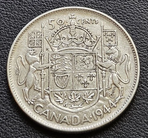 1944 Canada Silver 50-Cent Half Dollar Coin - 80% Silver ***Near 4 Variety***