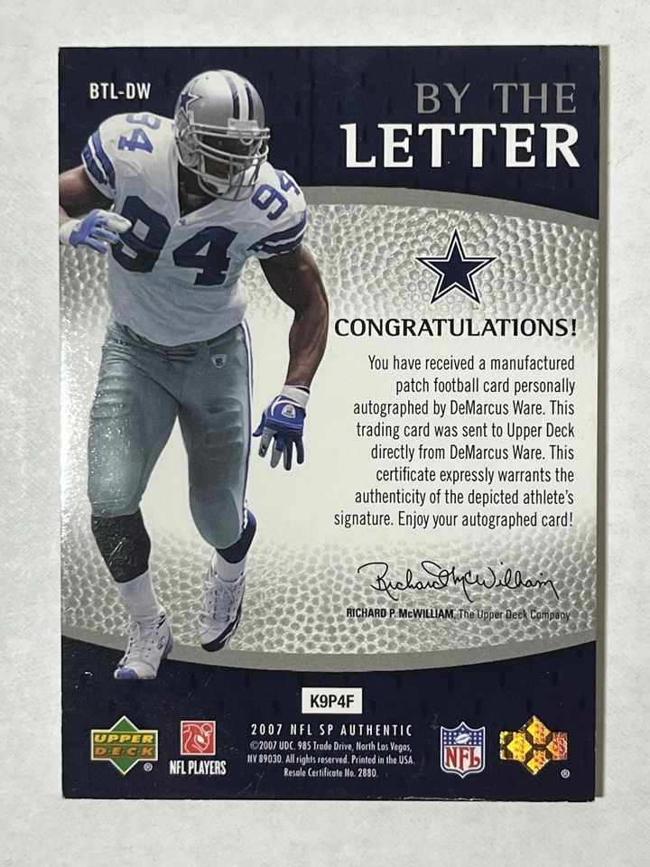 2007 Sp Authentic Demarcus Ware By The Letter Letterman Auto /75 - Image 2 of 2