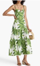 New FARM RIO Off-White Palm Fan Midi Dress Size Large Cotton Sundress