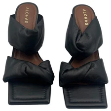 Alohas Puffy Twist Strap Leather Slip On Mules Heels Sandals Black 38 / 8