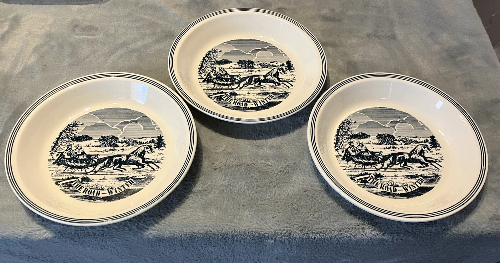 3 Vtg Currier & Ives The Road-Winter Pie Plate 10" Blue White Sleigh Ride '70's
