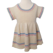 Vintage Handmade Crochet Knit Twirl Dress Cream Stripe Baby Girl 18-24 Months