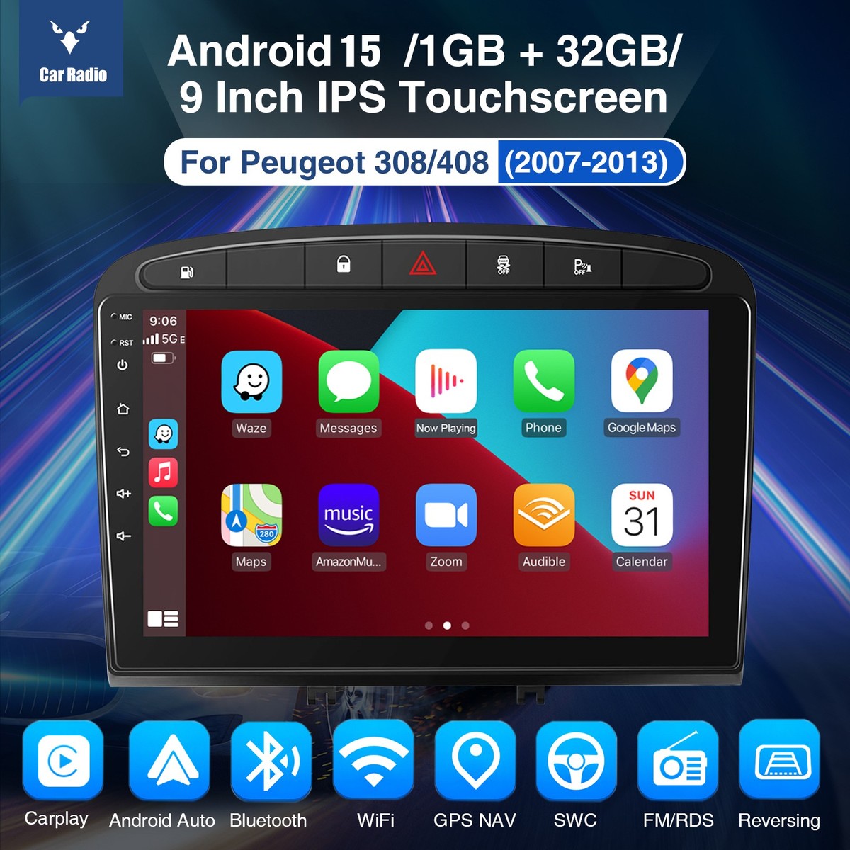 2 64GB android autoradio voor Peugeot 308/408 2007-2015 Draadloze Carplay Android Auto, 9 Scherm Bluetooth Autoradio Navi Achteruitrijcamera WiFi FM RDS Radio SWC