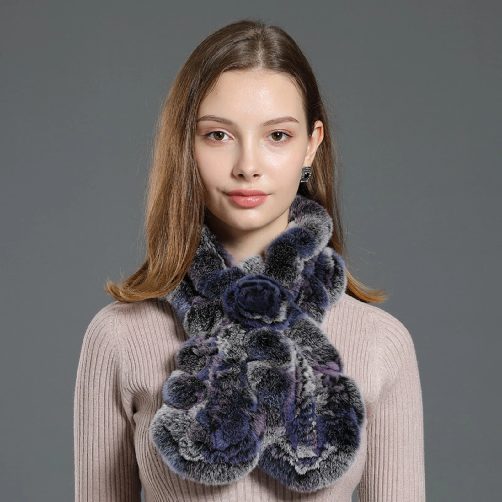 Women Real Rex Rabbit Fur Scarf Collar Winter Warm Neckerchief Wraps Purple Red