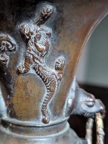 Chinese Foo Dog Themed Bronze Vase Urn - Picture 2 of 11