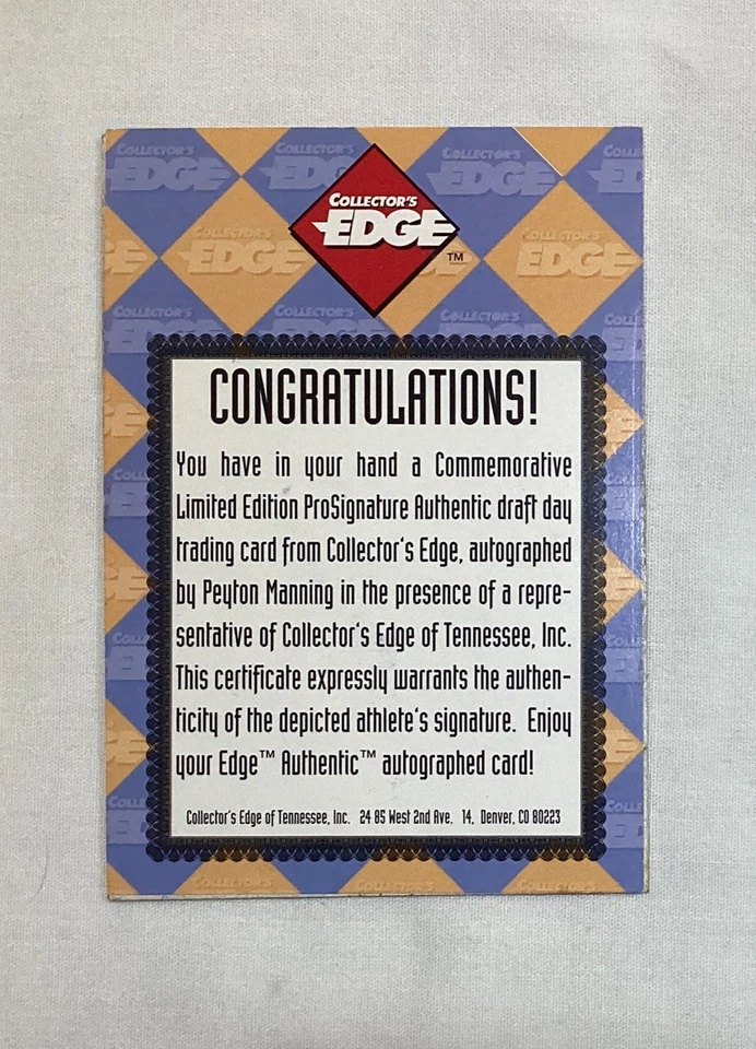 PEYTON MANNING RC 1998 COLLECTORS EDGE PRO SIGNATURE AUTOGRAPH ROOKIE CARD AUTO - Image 2 of 4