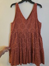 Loft Size Large Rust Orange Cotton V-Neck Eyelet Tiered A-line Dress Boho Flirty