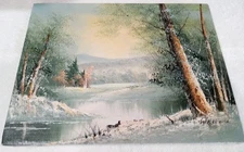 Vtg Landscape Oil Painting Winter Woodland Forest Scene Signed 16"x12" Canvas