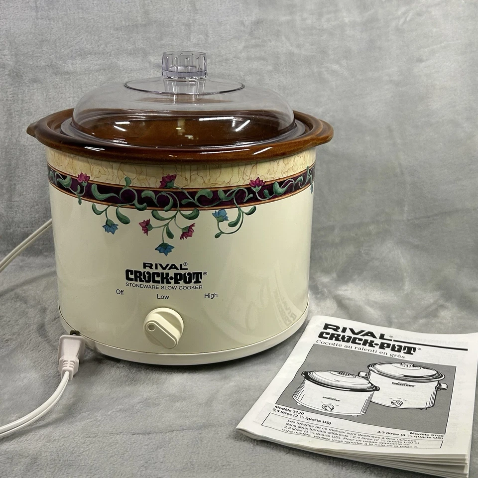 Vintage Rival 2 1/2 cuartos Olla de cocción lenta 3120 tapa de plástico floral rara Foto 3 de 4