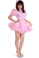 Sissy girl maid lockable Pink satin Organza dress cosplay costumes Tailor-made