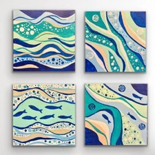 River Landscape Abstract Painting In Blue Shades Modern Art Decor Wall Hanging