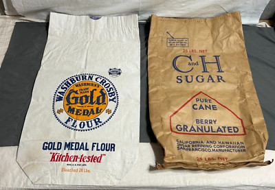 Lot 2 vintage 1930s Washburn Gold Medal FLOUR C & H Berry SUGAR paper bag sack