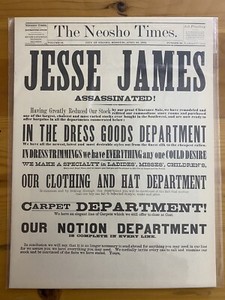 VINTAGE NEWSPAPER HEADLINE ~BANK ROBBER BANDIT KILLED JESSE JAMES SHOT DEAD 1882