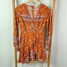 Iris Maxi Mini Dress Womens 6 Brown Floral Boho Long Sleeve V-Neck Rayon