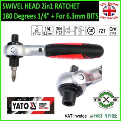 DREHBARER SCHWENKKOPF 2in1 RATSCHE 180 Grad 1/4'' + für 6,3 mm BITS Halter MAGNETISCH