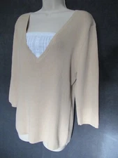 NWT Gitano Beige Ribbed Knit White Crochet Pintuck Panel Career Sweater Top XL